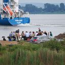 people, Elbe, container ship