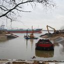 Elbe, tree, excavator, pontoon, barge