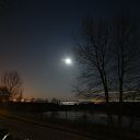 night, Falkensteiner Ufer, tree, moon, water basin, fence, container ship