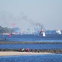 beach, Elbe, container crane, steamboat, lighthouse