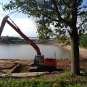 tree, excavator, water basin, sand
