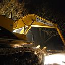 snow, night, excavator, street lamp