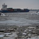 dyke, container ship, Elbe, ice