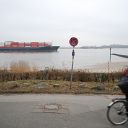 bicycle, beach, Elbe, Falkensteiner Ufer, traffic sign, riding bicycle, container ship