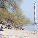 lighthouse, harbour ferry, beach, Elbe, willow tree