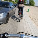 bicycle, beach, car, waste bin