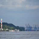 container crane, buoy, cloud, lighthouse, Elbe